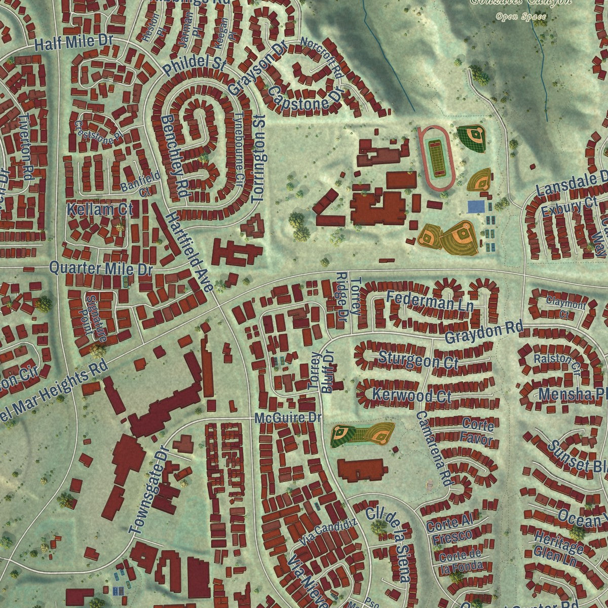 Close-up of the map of Carmel Valley, California print showing street and building detail