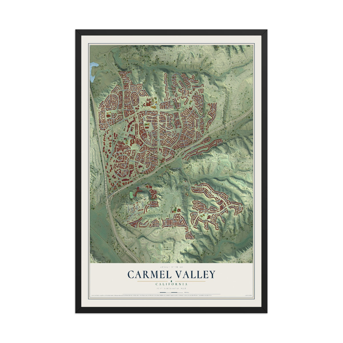 Map of Carmel Valley, California, 12 x 18 inch print in a black wood frame