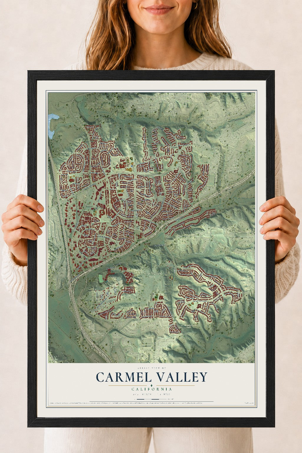 Map of Carmel Valley, California, 18 x 24 inch print in a black wood frame
