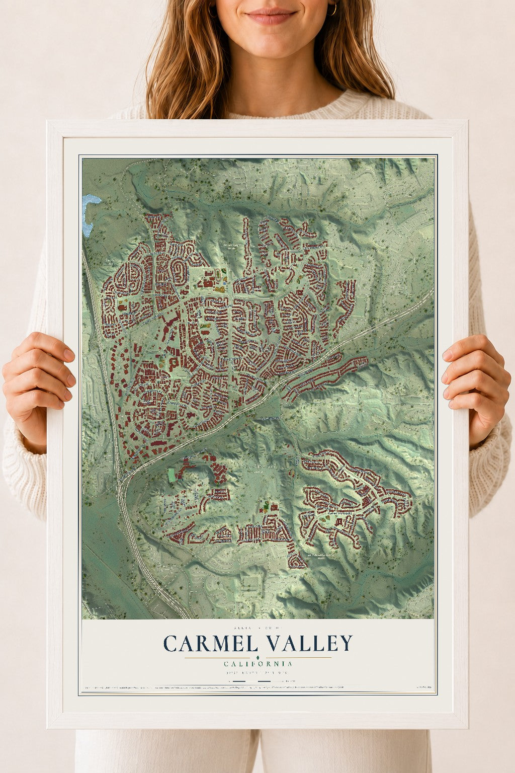 Map of Carmel Valley, California, 18 x 24 inch print in a white wood frame