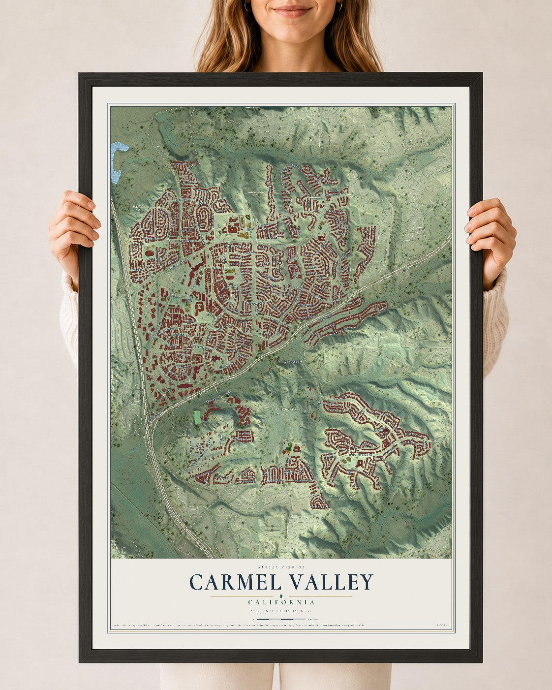 Map of Carmel Valley, California, 24 x 36 inch print in a black wood frame