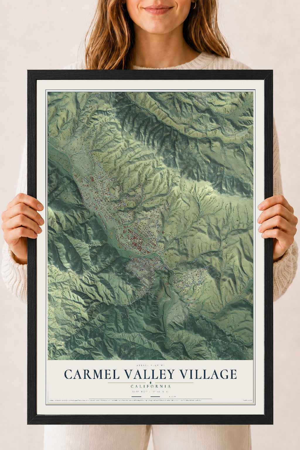 Map of Carmel Valley Village, California, 18 x 24 inch print in a black wood frame