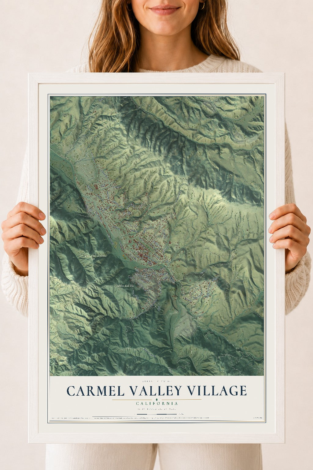 Map of Carmel Valley Village, California, 18 x 24 inch print in a white wood frame