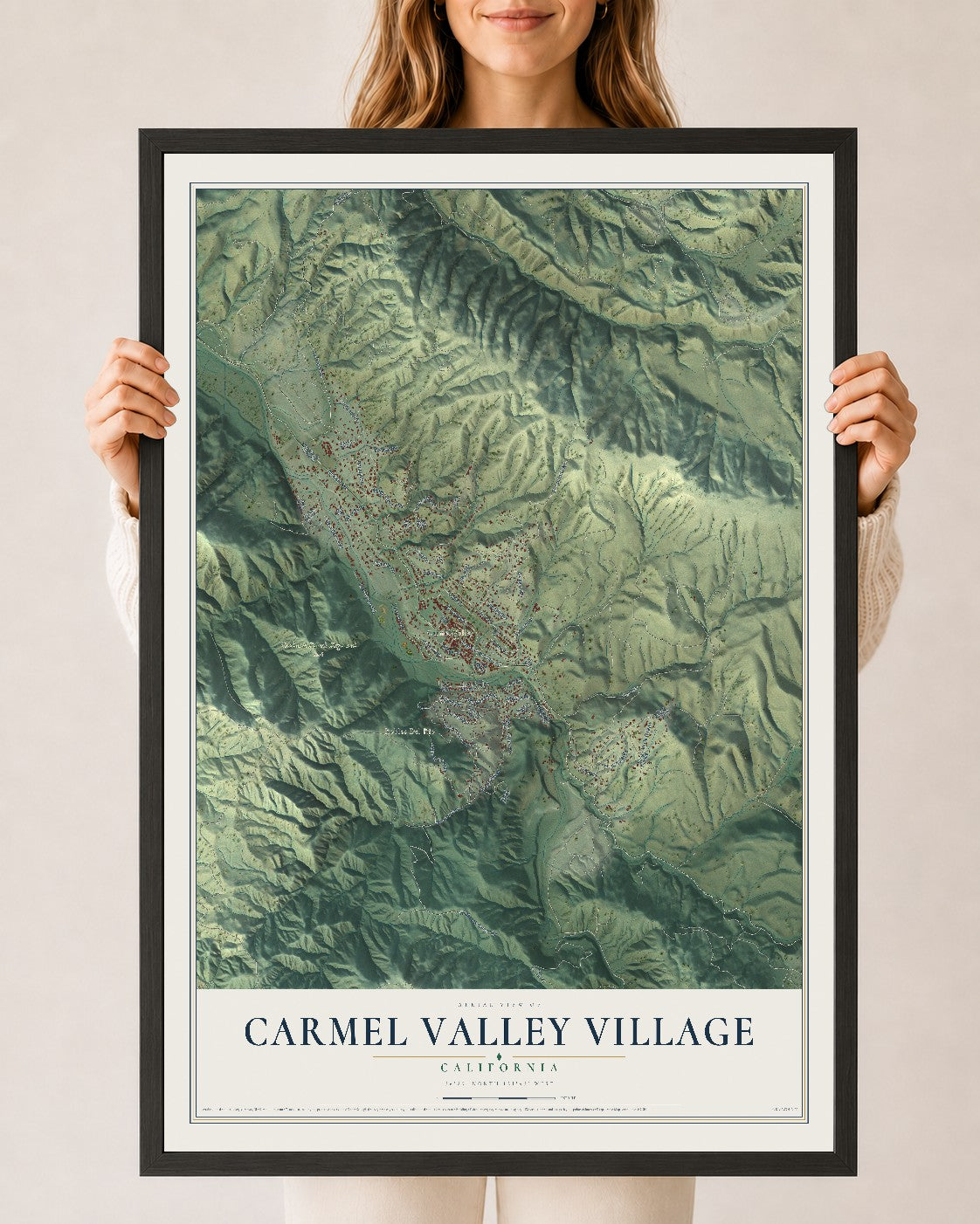 Map of Carmel Valley Village, California, 24 x 36 inch print in a black wood frame