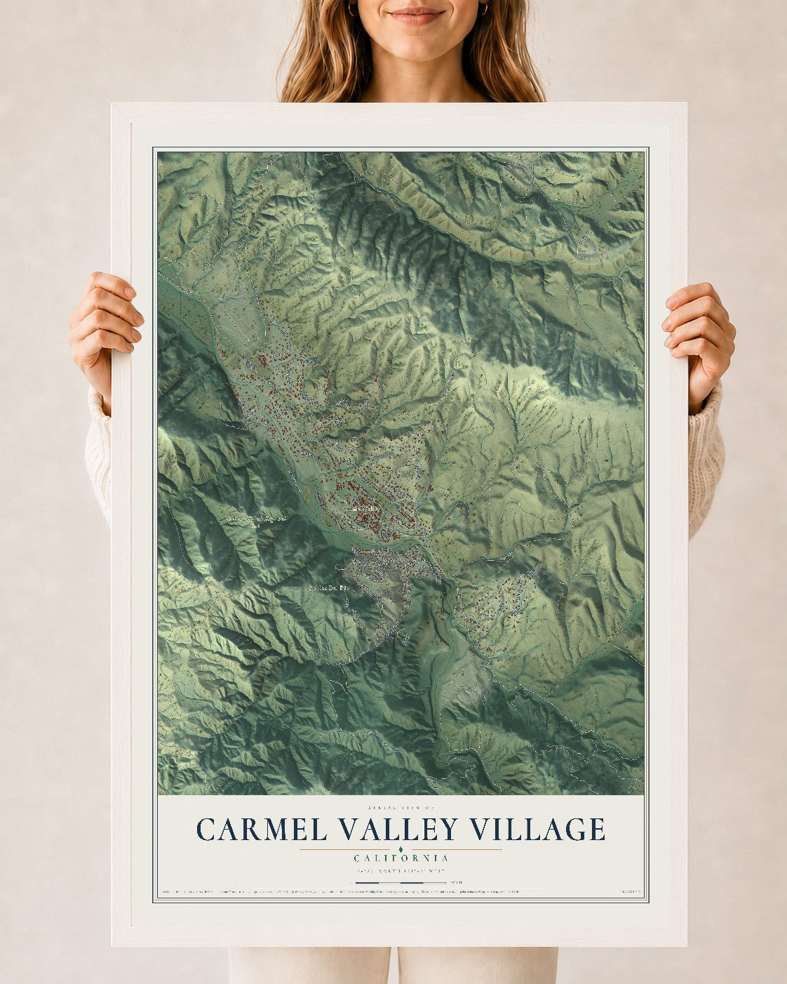 Map of Carmel Valley Village, California, 24 x 36 inch print in a white wood frame