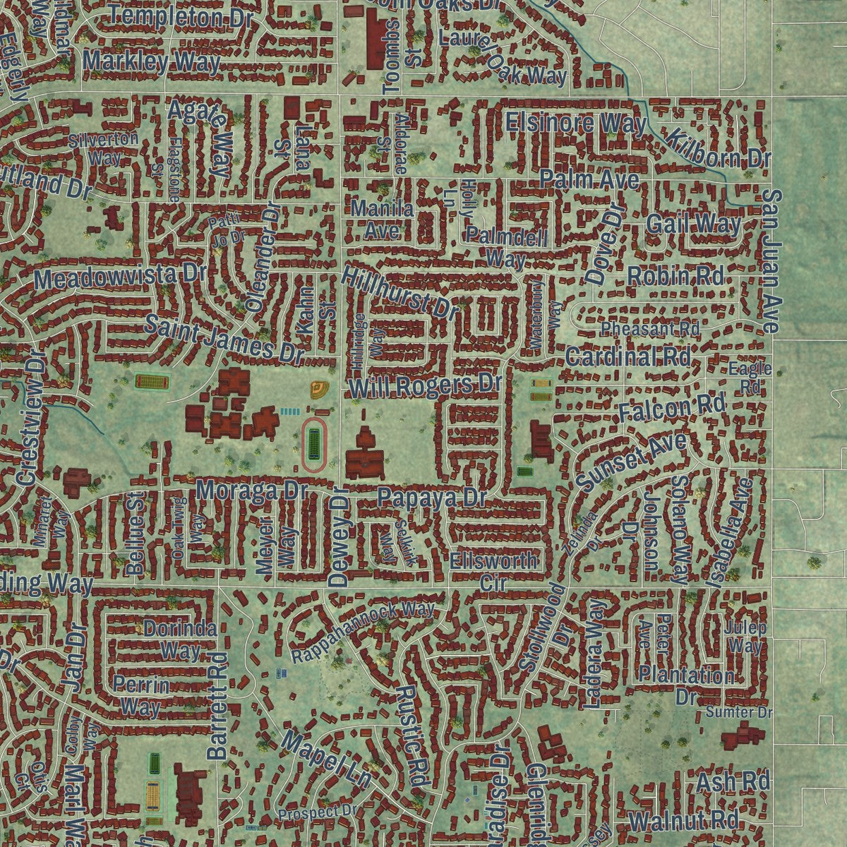 Close-up of the map of Carmichael, California print showing street and building detail