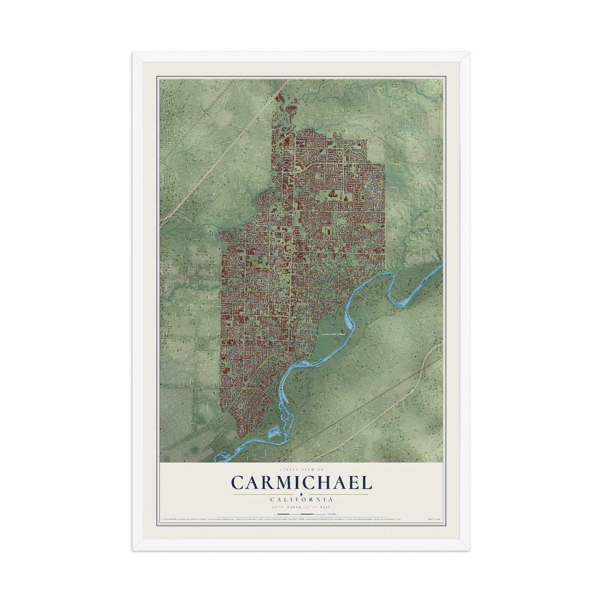 Map of Carmichael, California, 12 x 18 inch print in a white wood frame