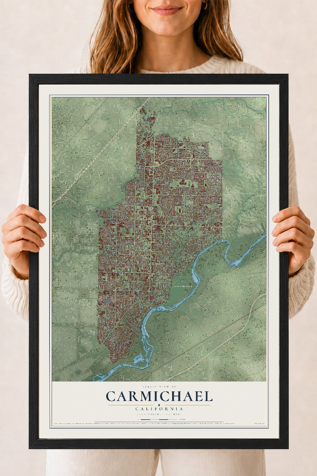 Map of Carmichael, California, 18 x 24 inch print in a black wood frame