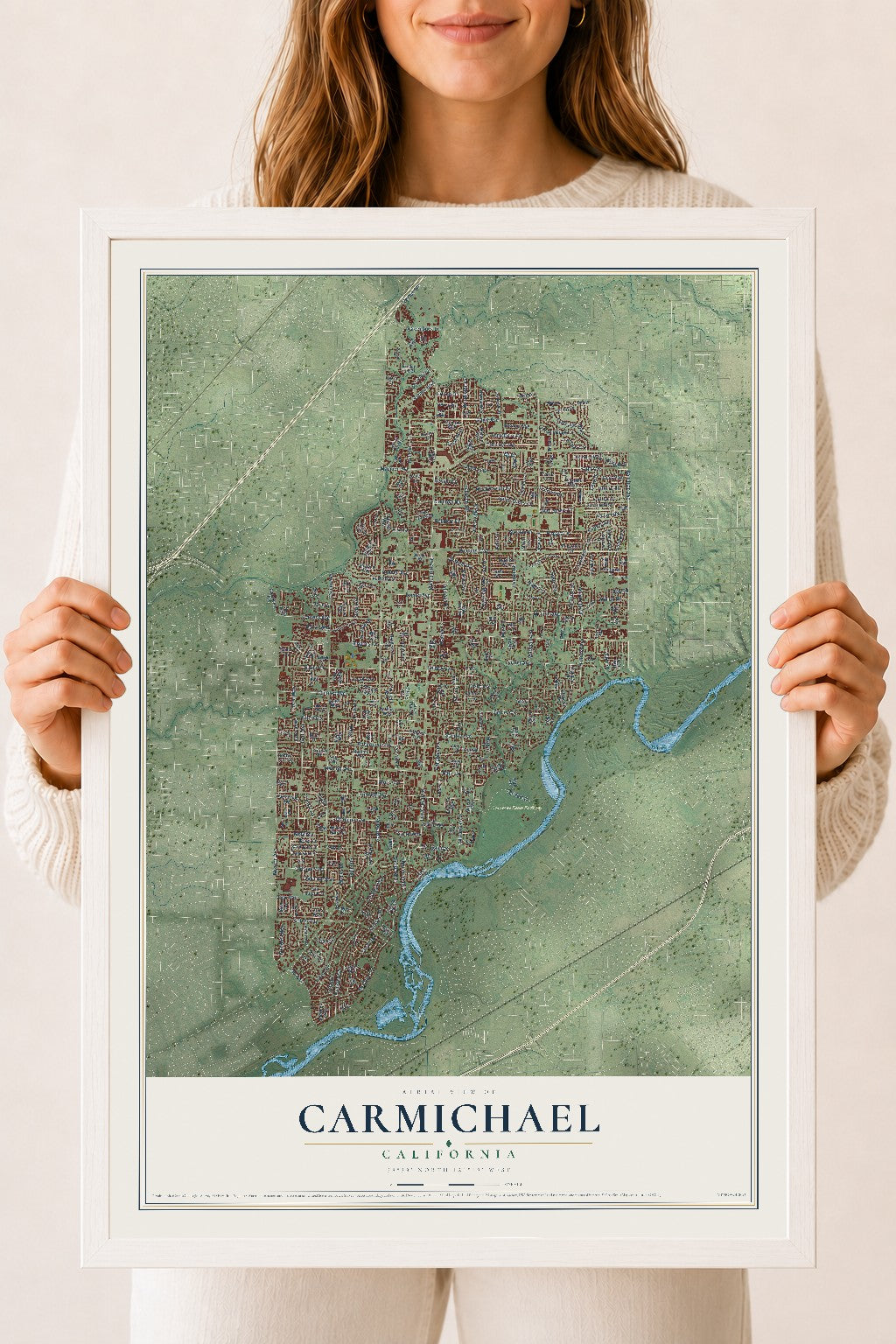 Map of Carmichael, California, 18 x 24 inch print in a white wood frame