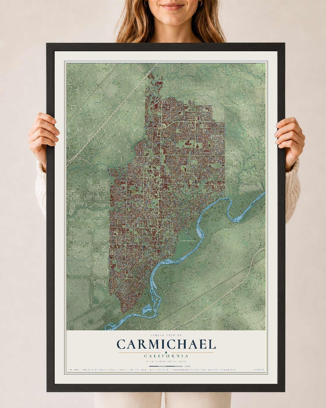 Map of Carmichael, California, 24 x 36 inch print in a black wood frame