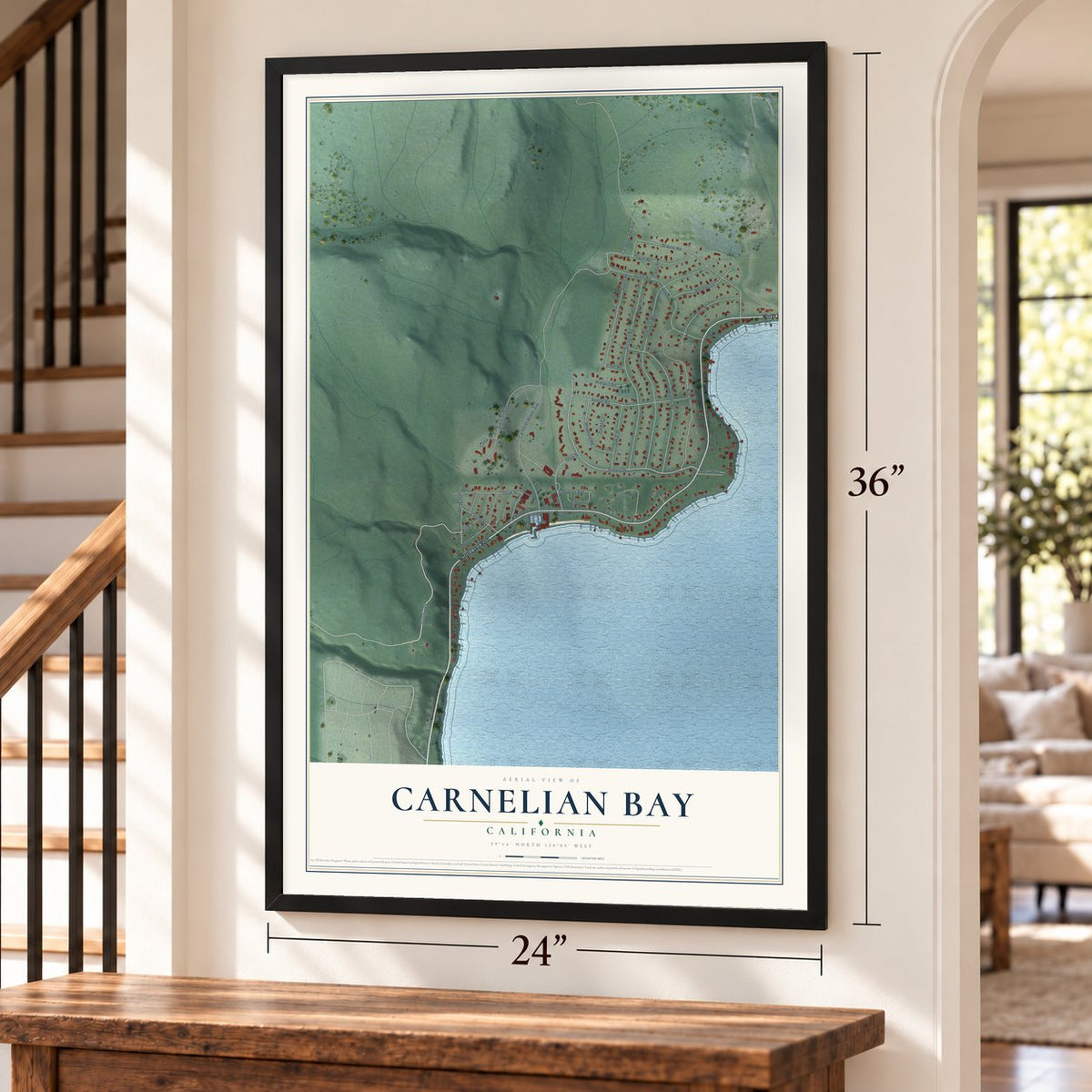 Carnelian Bay, California map, 24 x 36 inch print in a black frame by a staircase