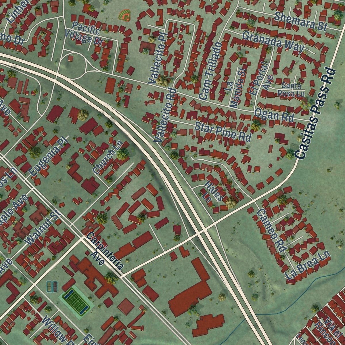 Close-up of the map of Carpinteria, California print showing street and building detail