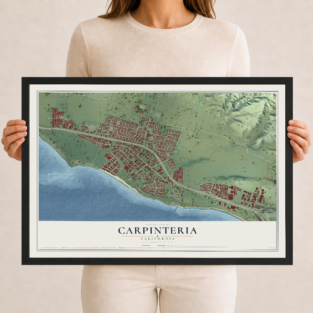 Map of Carpinteria, California, 12 x 18 inch print in a black wood frame