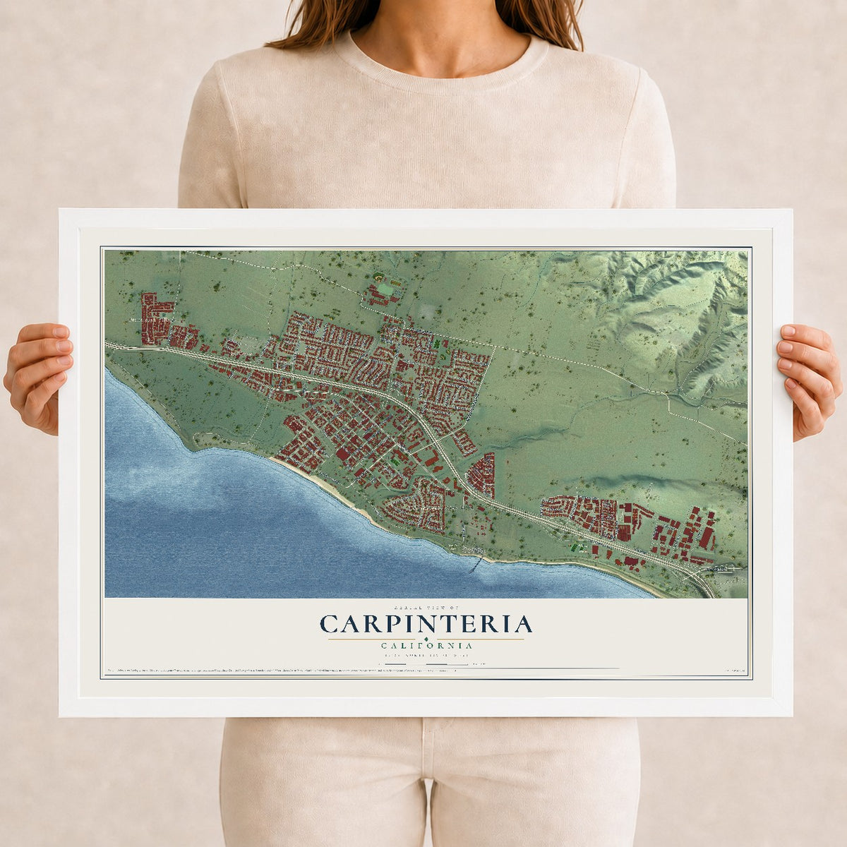 Map of Carpinteria, California, 12 x 18 inch print in a white wood frame