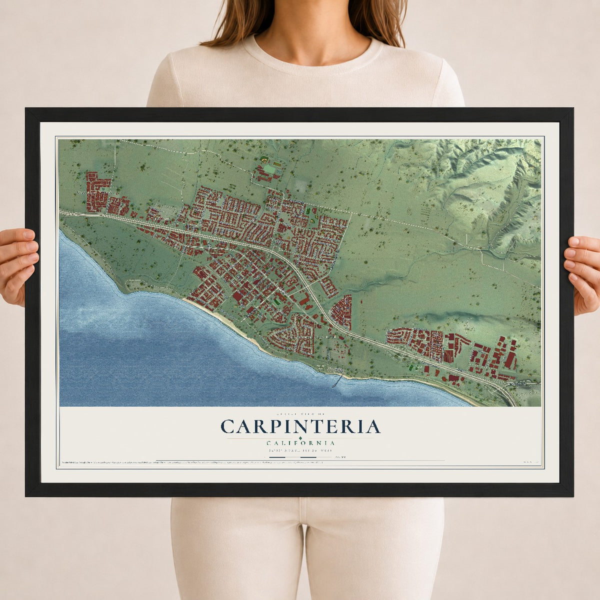 Map of Carpinteria, California, 18 x 24 inch print in a black wood frame