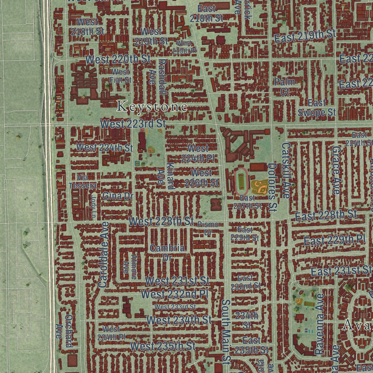 Close-up of the map of Carson, California print showing street and building detail