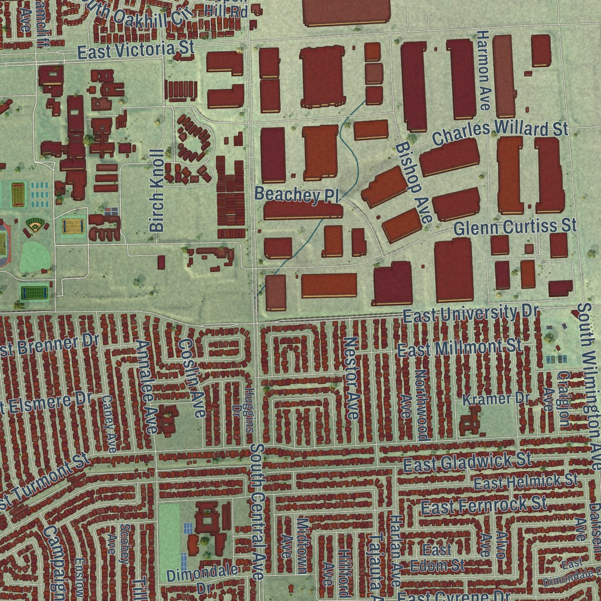 Second close-up of the map of Carson, California print showing more streets and buildings