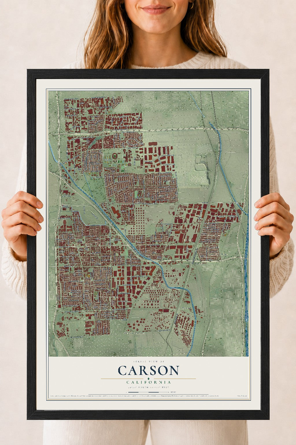 Map of Carson, California, 18 x 24 inch print in a black wood frame