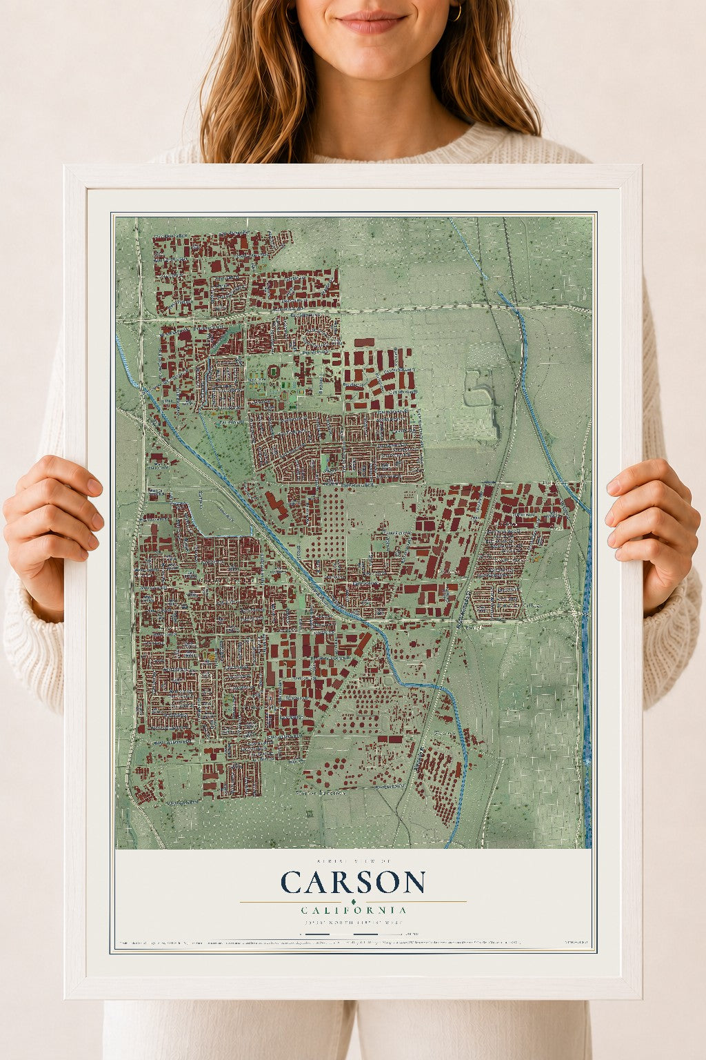 Map of Carson, California, 18 x 24 inch print in a white wood frame