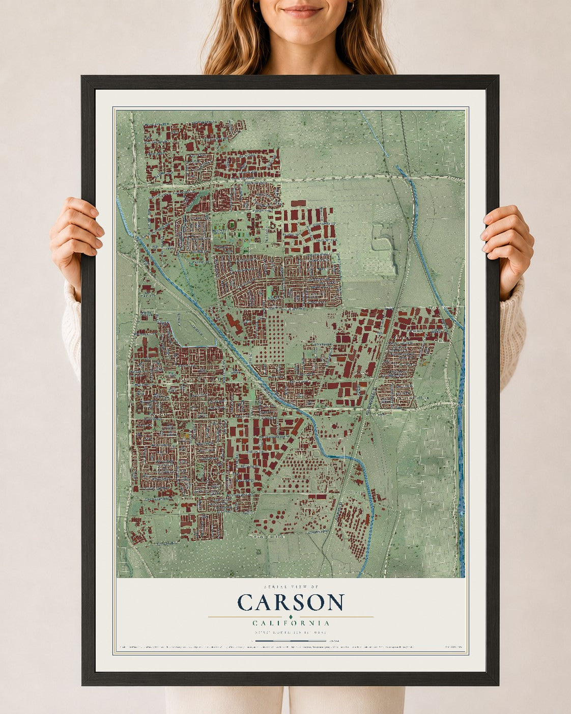 Map of Carson, California, 24 x 36 inch print in a black wood frame