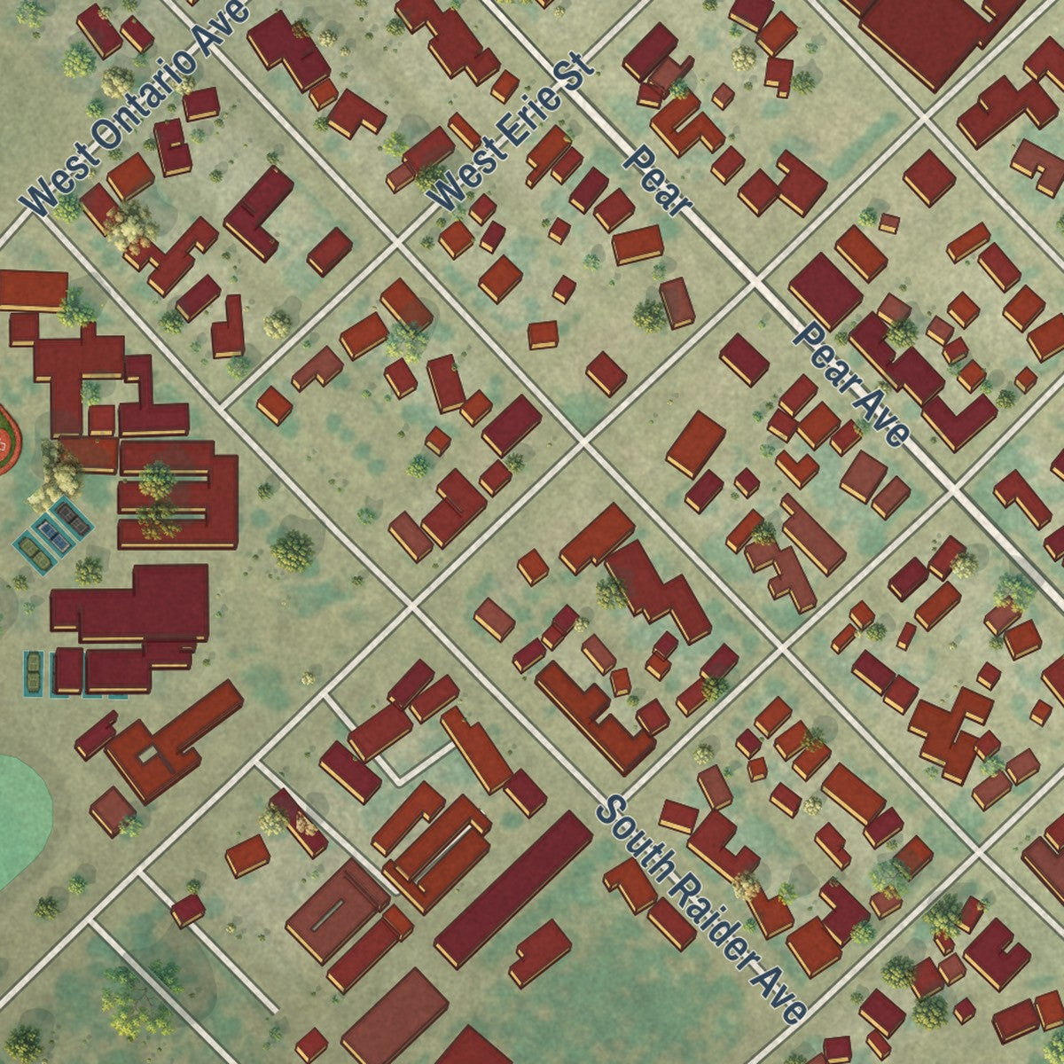 Close-up of the map of Caruthers, California print showing street and building detail