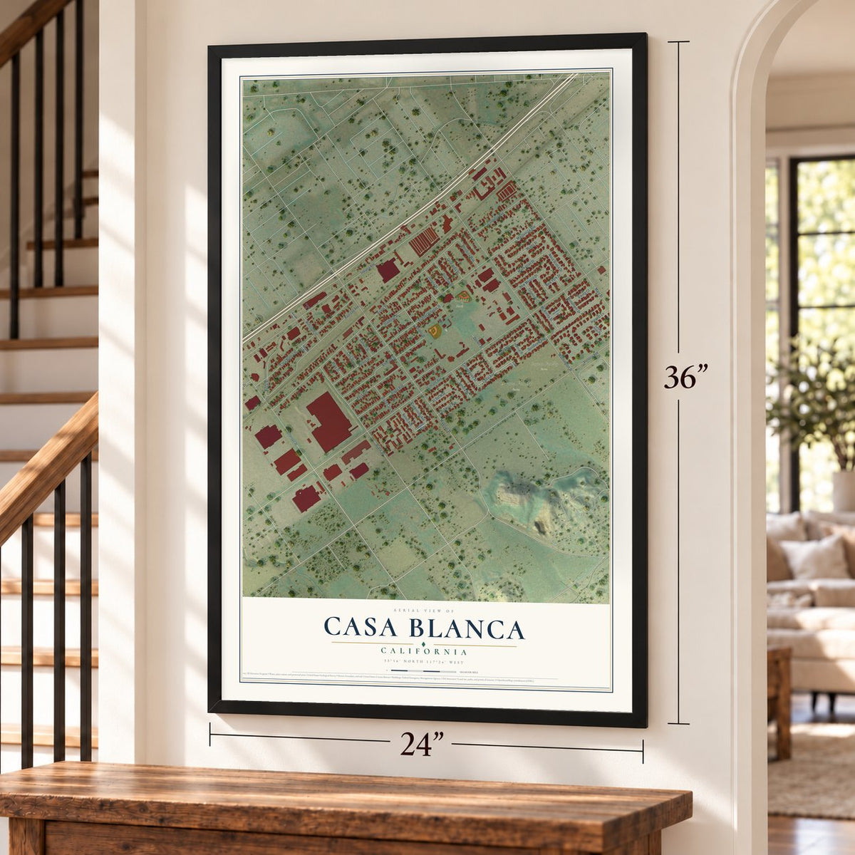 Casa Blanca, California map, 24 x 36 inch print in a black frame by a staircase