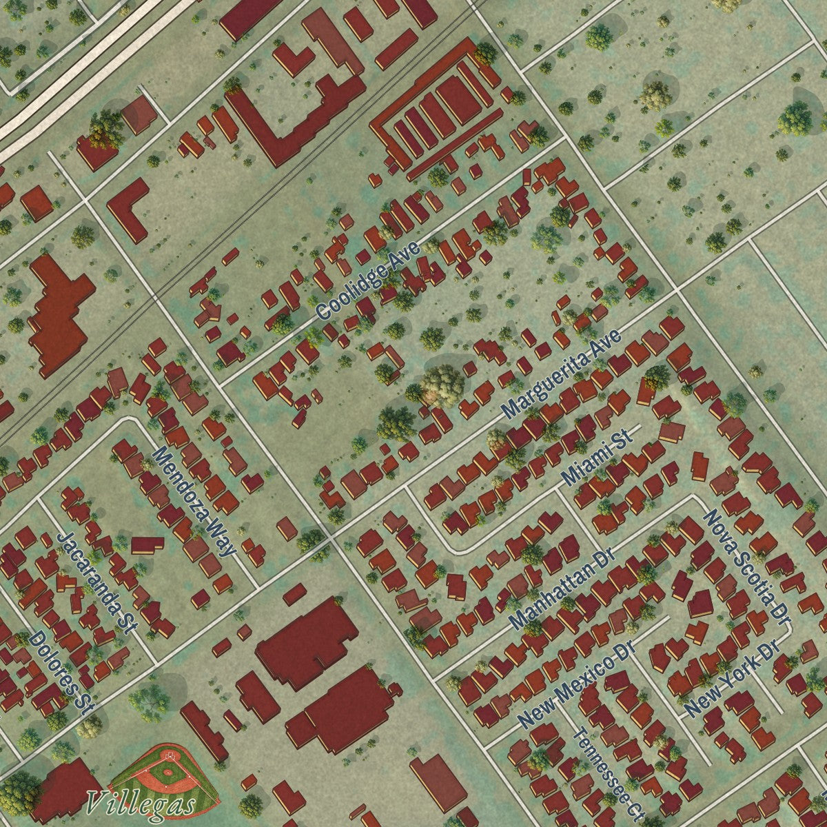 Close-up of the map of Casa Blanca, California print showing street and building detail