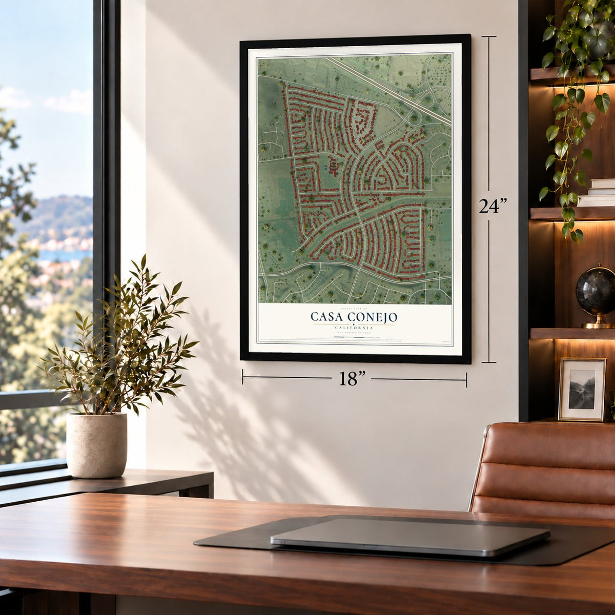 Casa Conejo, California map, 18 x 24 inch print in a black frame in a home office