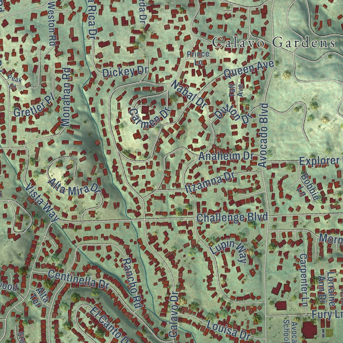 Second close-up of the map of Casa de Oro-Mount Helix, California print showing more streets and buildings