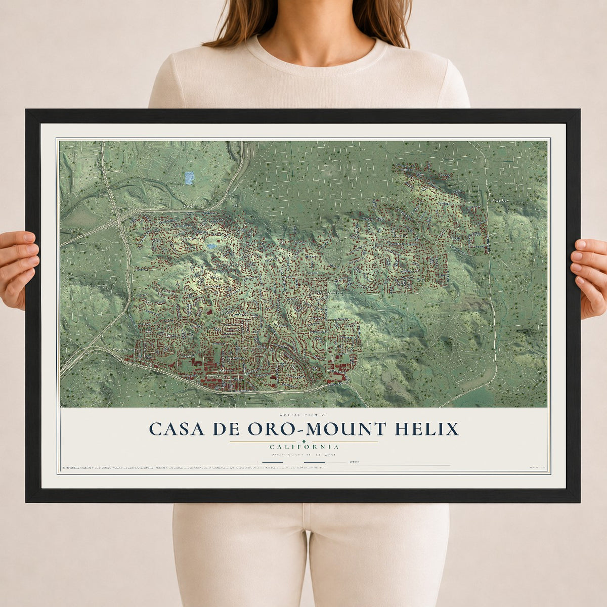 Map of Casa de Oro-Mount Helix, California, 18 x 24 inch print in a black wood frame