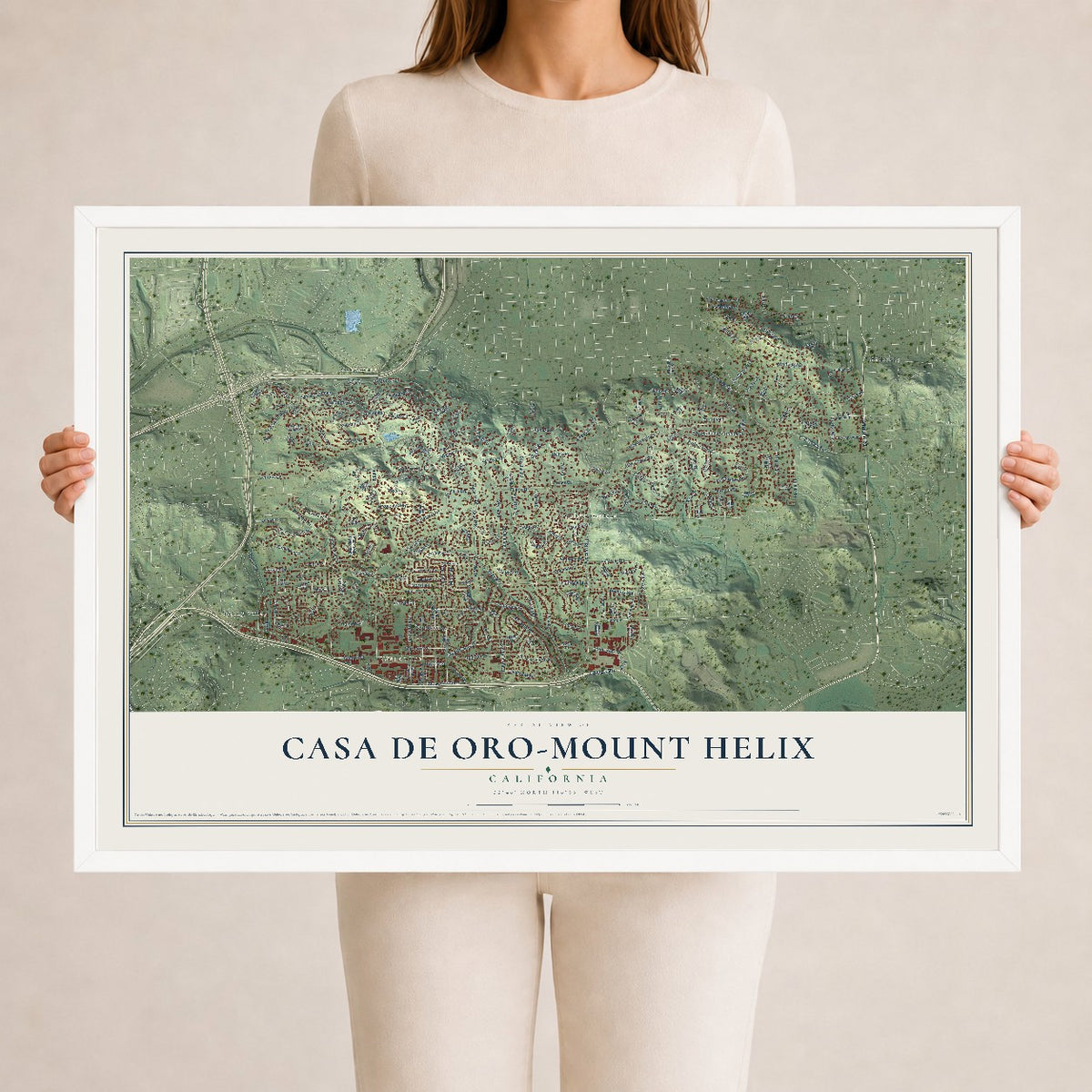 Map of Casa de Oro-Mount Helix, California, 24 x 36 inch print in a white wood frame