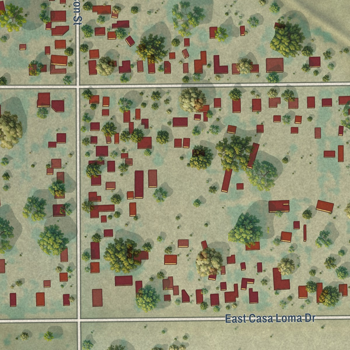 Close-up of the map of Casa Loma, California print showing street and building detail