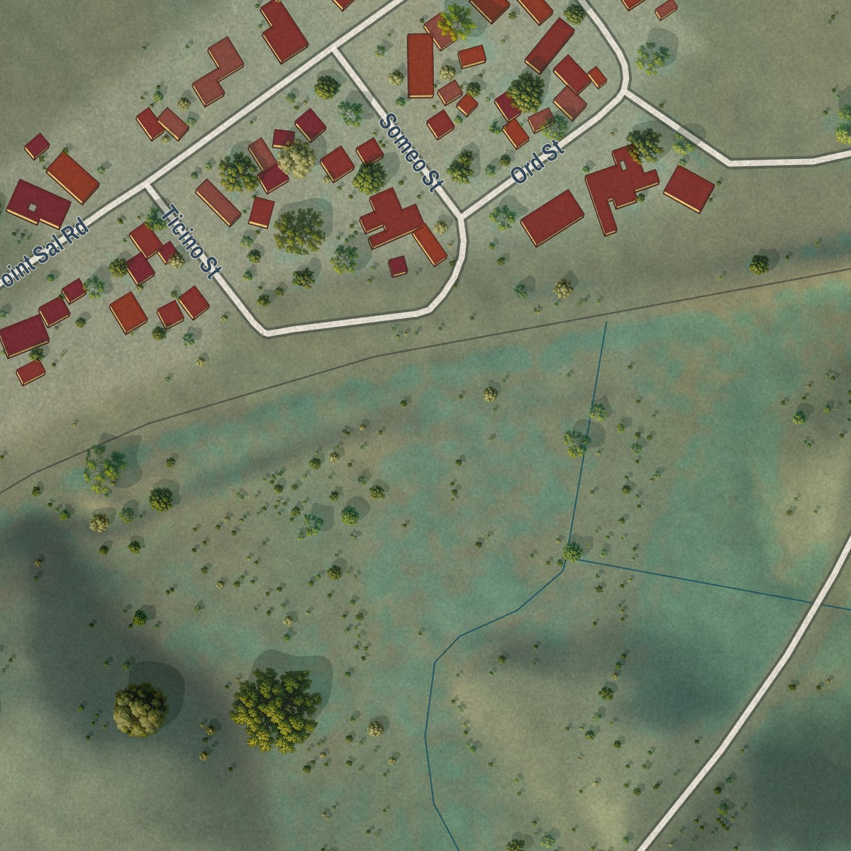 Close-up of the map of Casmalia, California print showing street and building detail