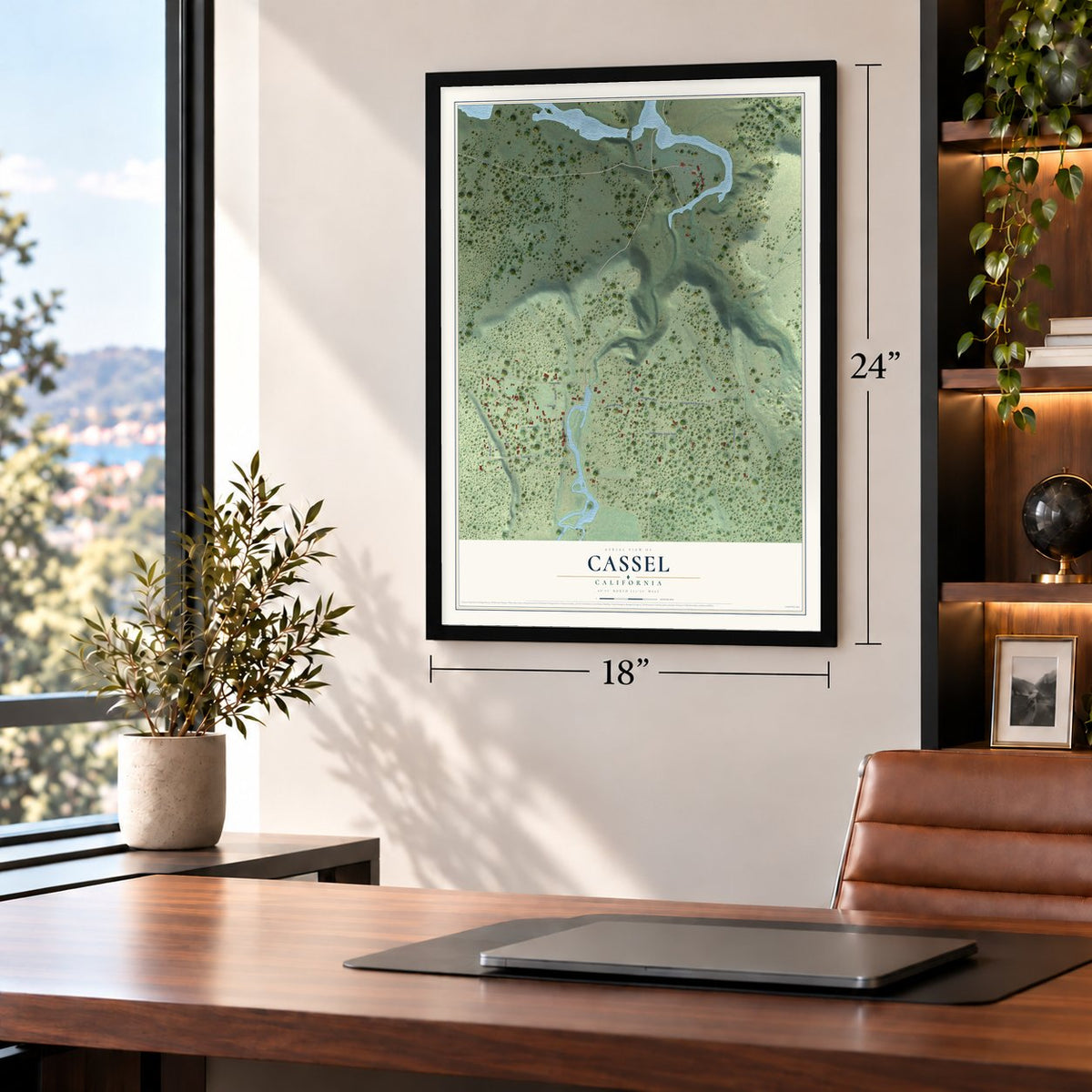 Cassel, California map, 18 x 24 inch print in a black frame in a home office