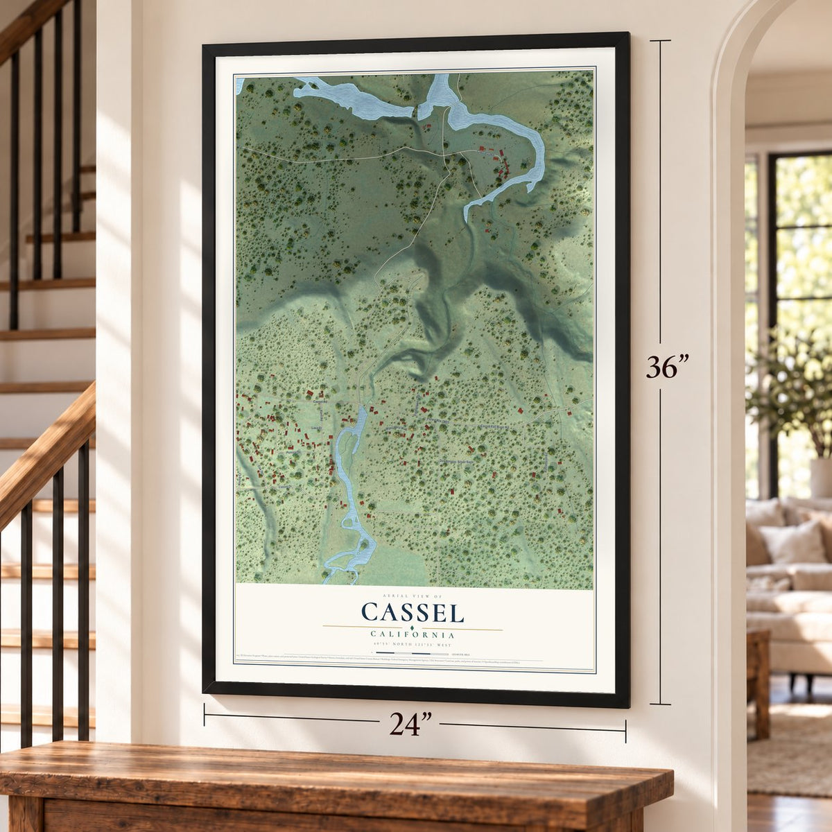 Cassel, California map, 24 x 36 inch print in a black frame by a staircase
