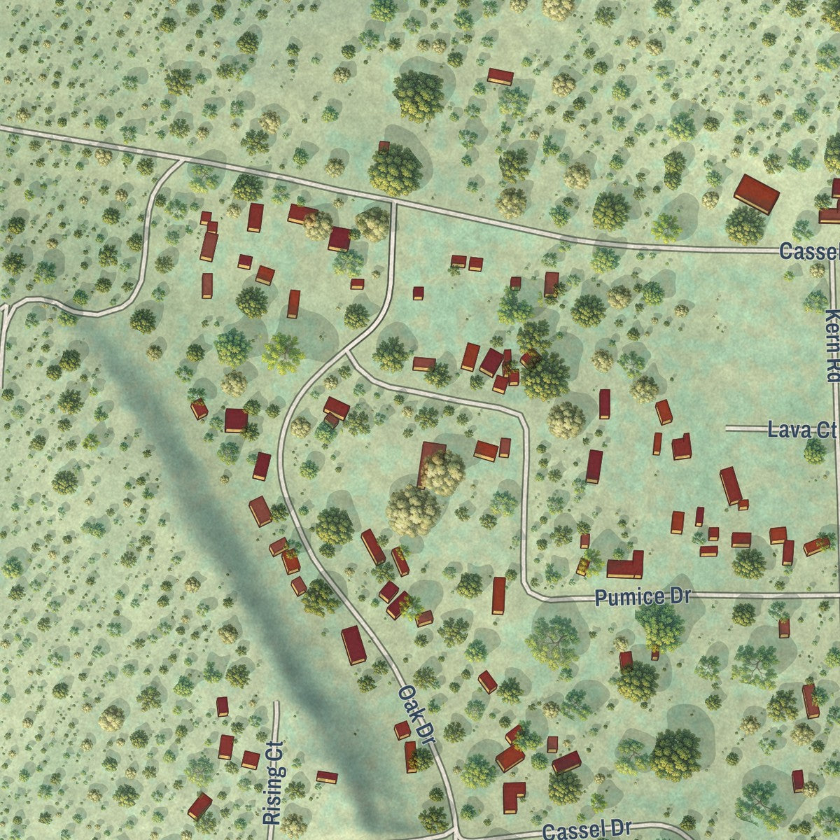 Close-up of the map of Cassel, California print showing street and building detail
