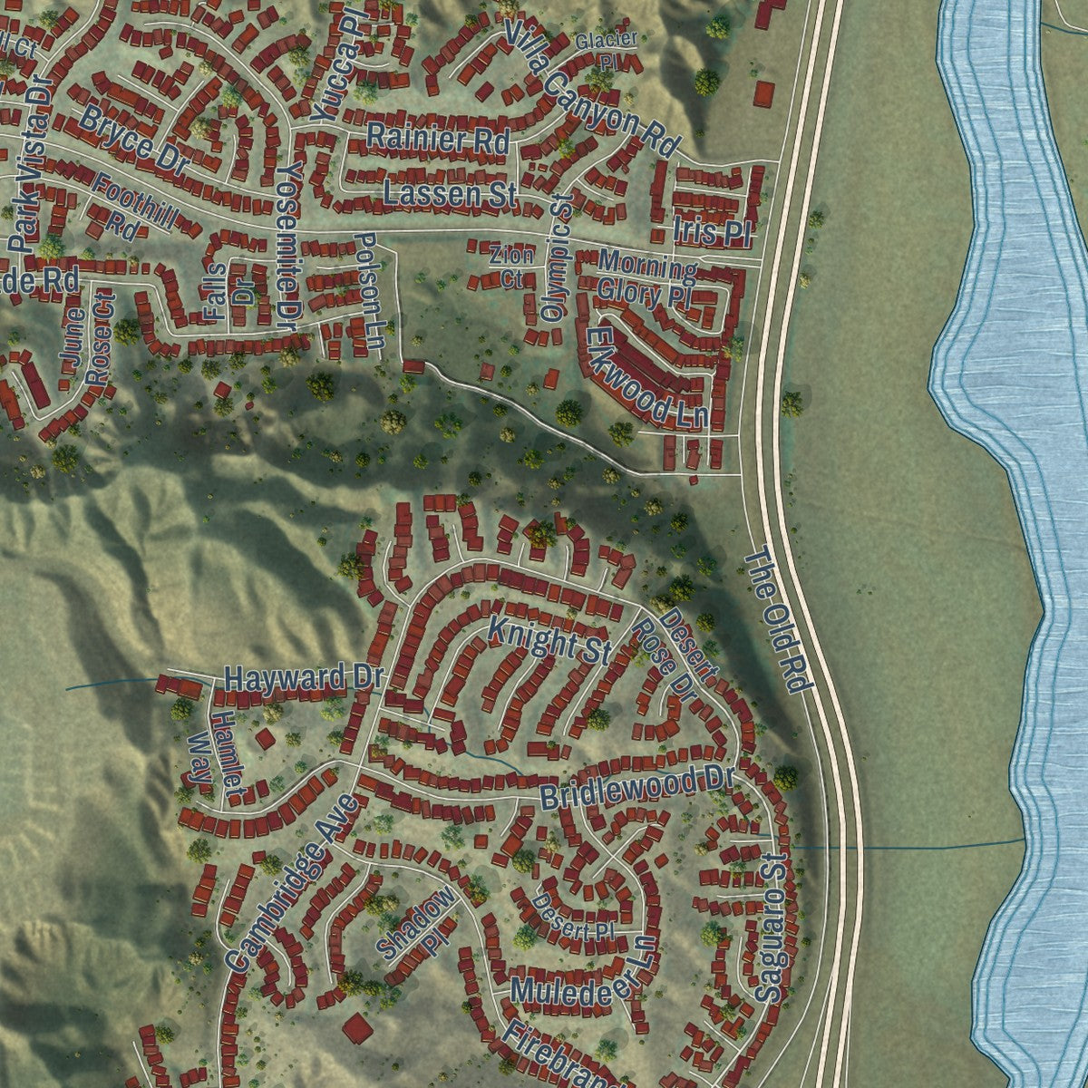 Second close-up of the map of Castaic, California print showing more streets and buildings