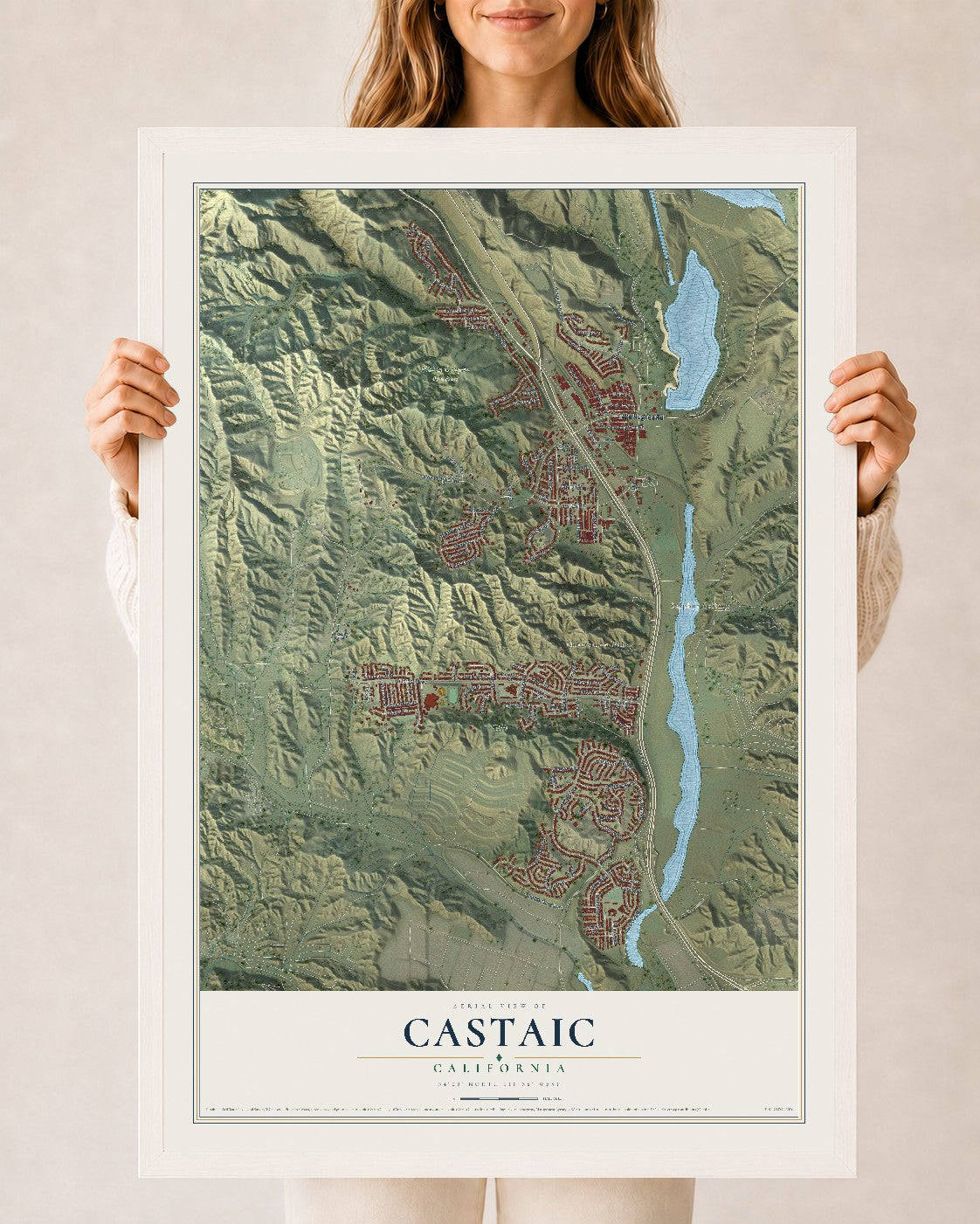 Map of Castaic, California, 24 x 36 inch print in a white wood frame