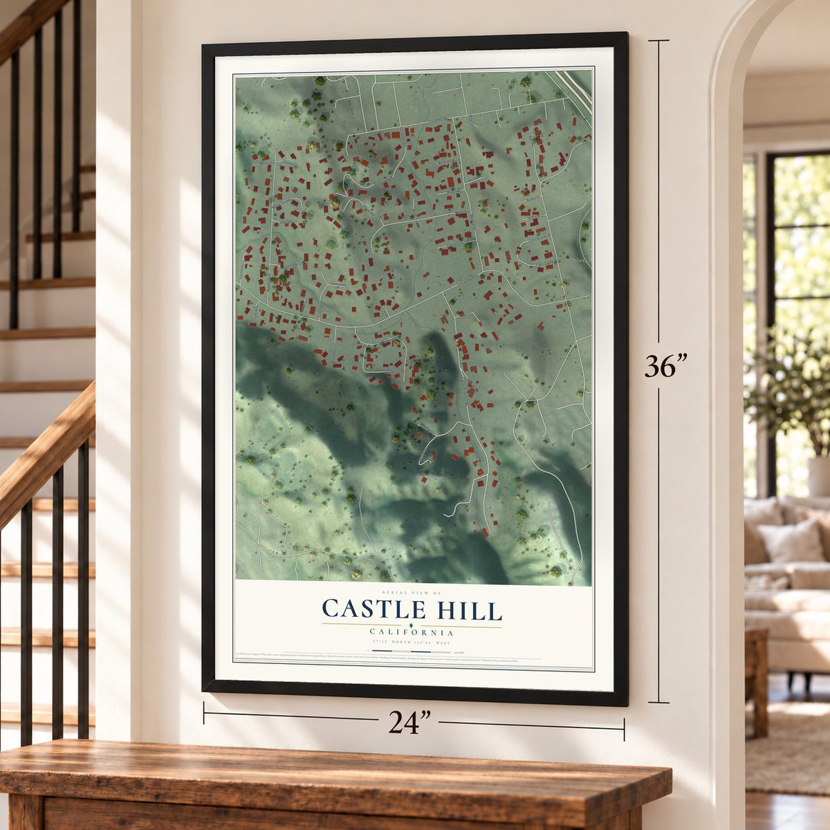 Castle Hill, California map, 24 x 36 inch print in a black frame by a staircase