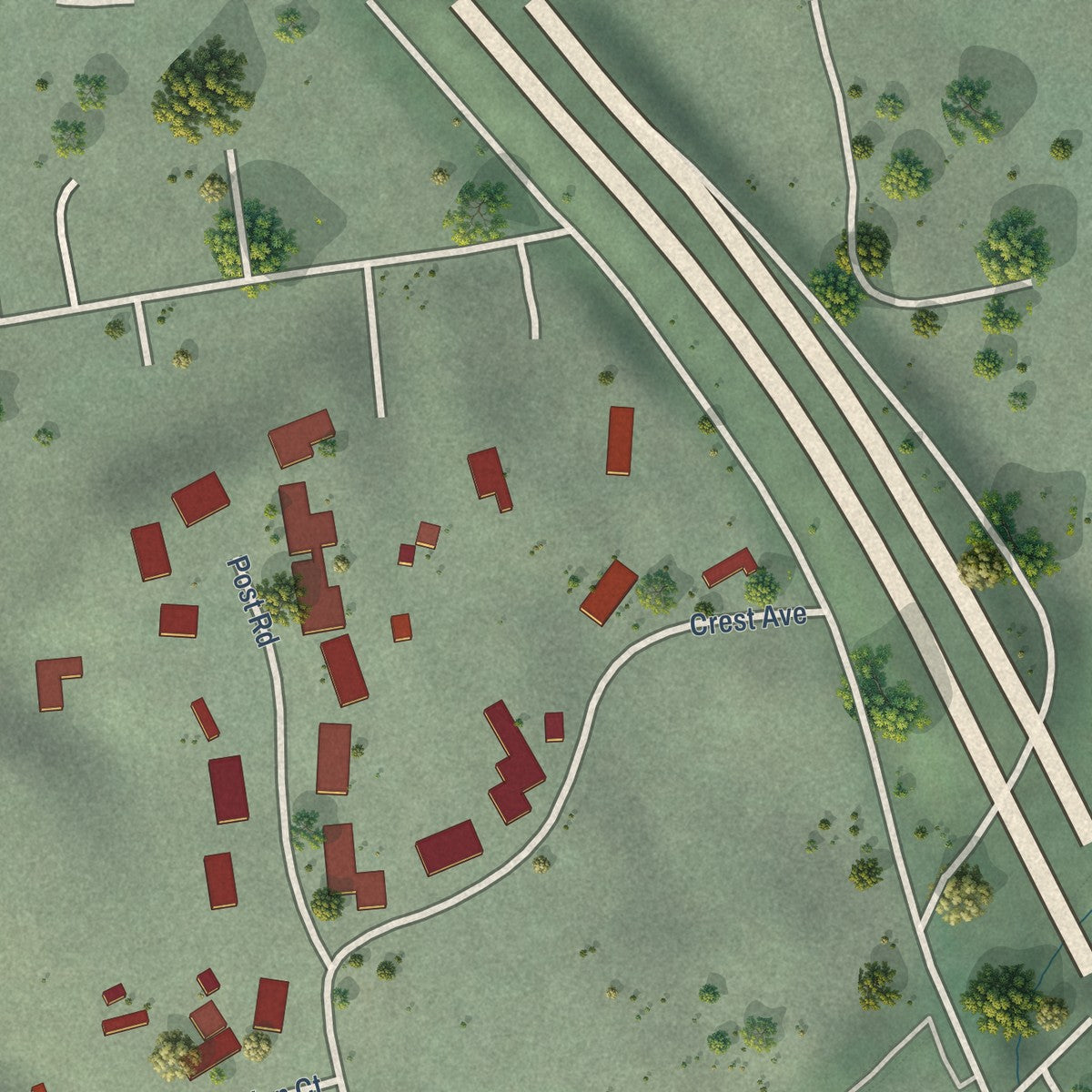 Close-up of the map of Castle Hill, California print showing street and building detail