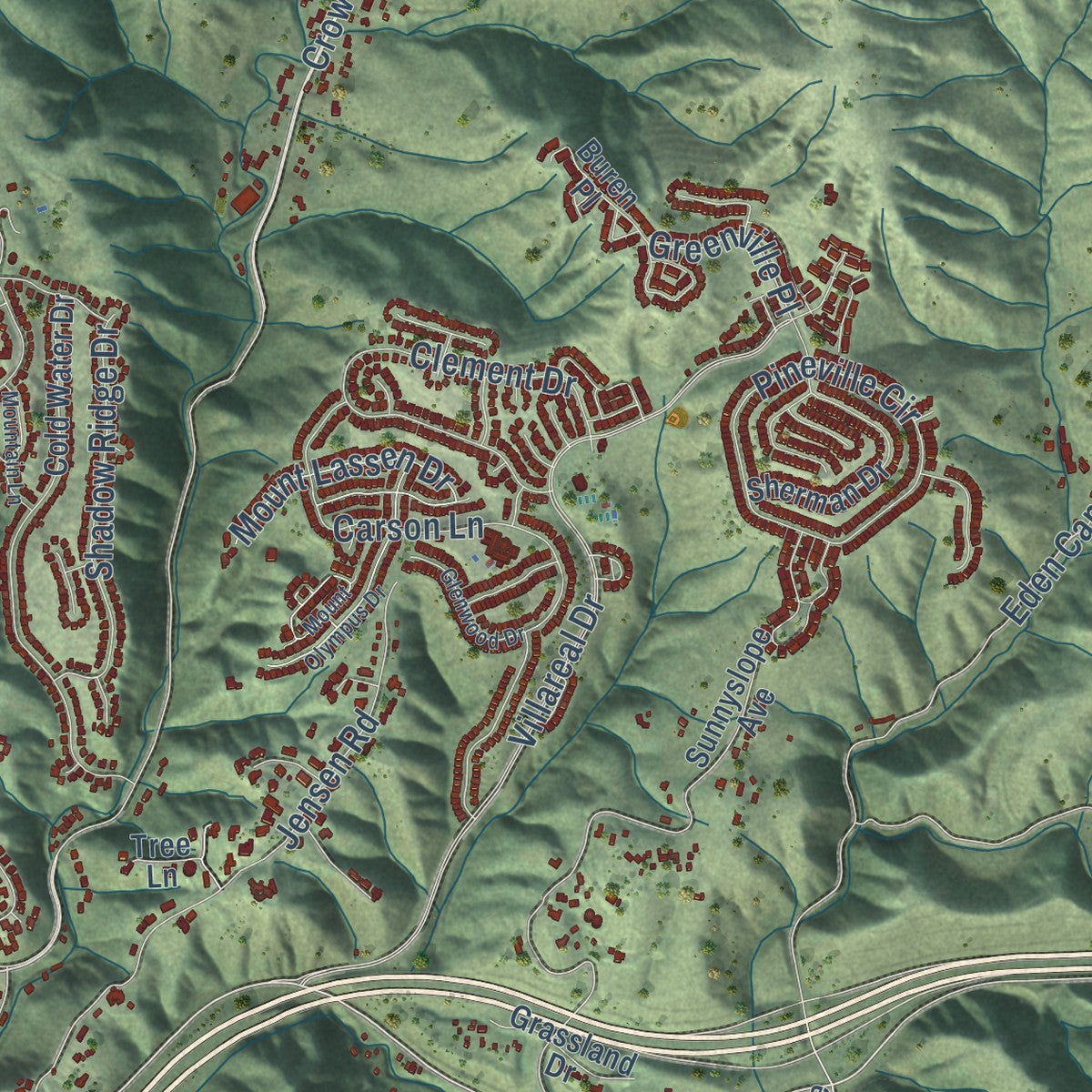 Second close-up of the map of Castro Valley, California print showing more streets and buildings