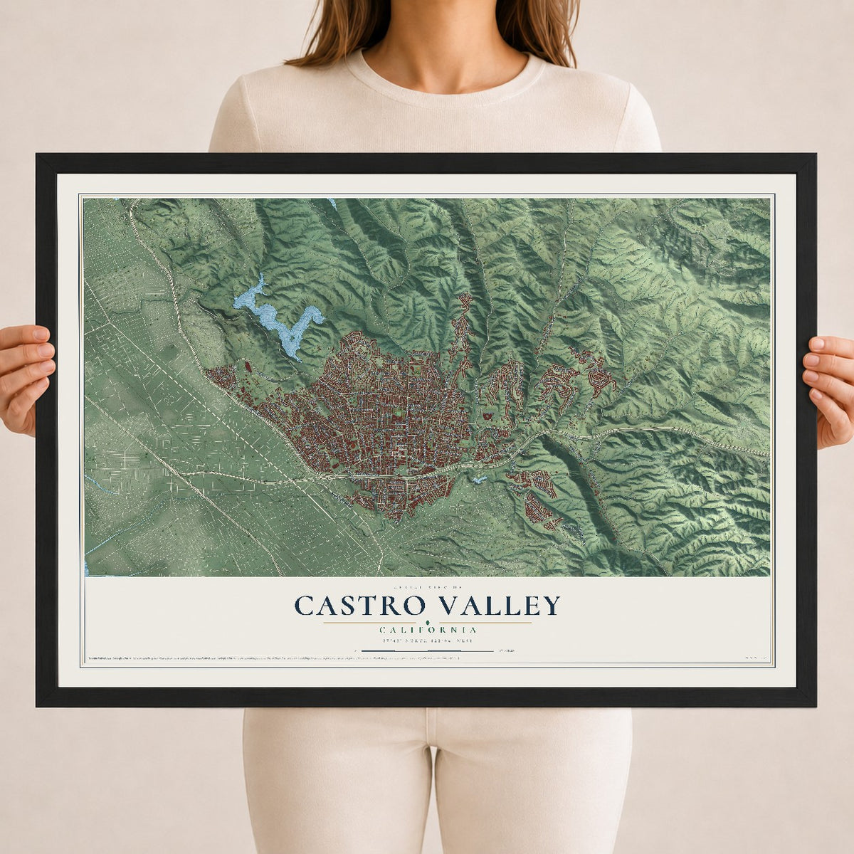 Map of Castro Valley, California, 18 x 24 inch print in a black wood frame