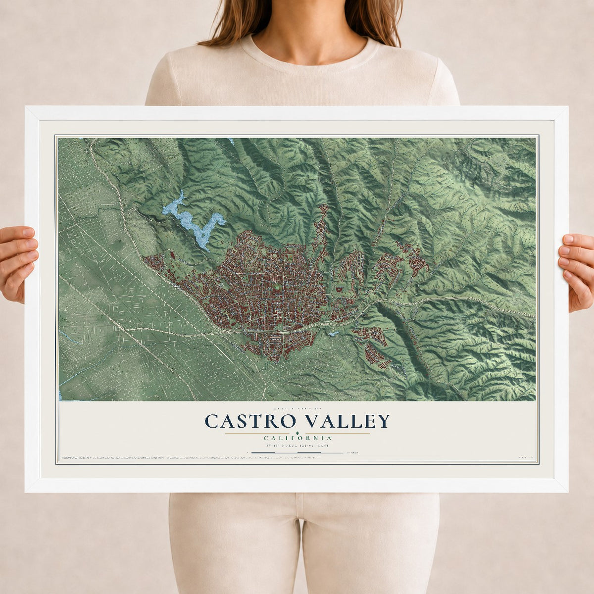 Map of Castro Valley, California, 18 x 24 inch print in a white wood frame