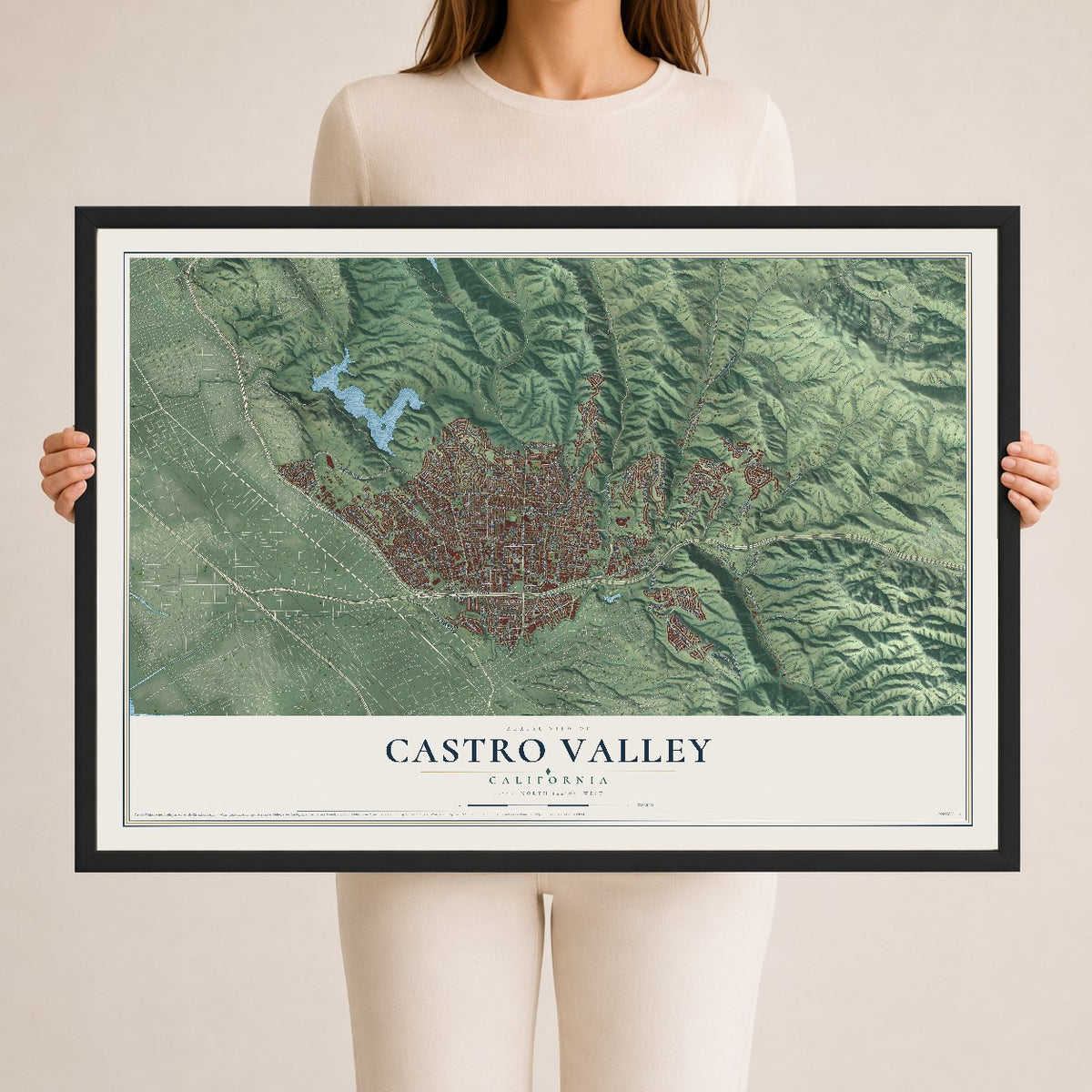 Map of Castro Valley, California, 24 x 36 inch print in a black wood frame