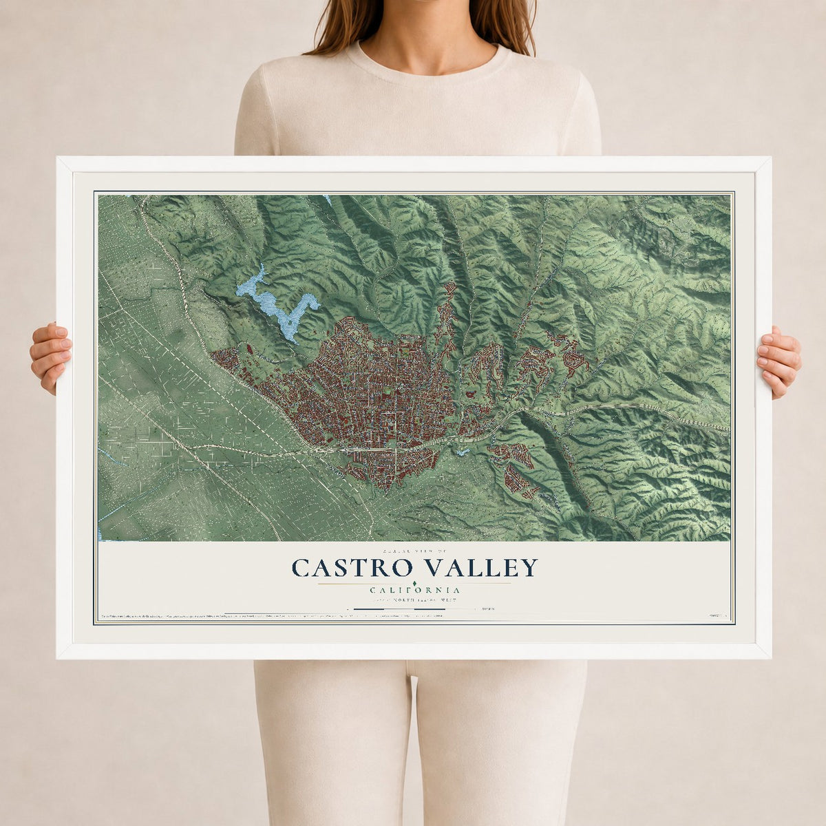 Map of Castro Valley, California, 24 x 36 inch print in a white wood frame