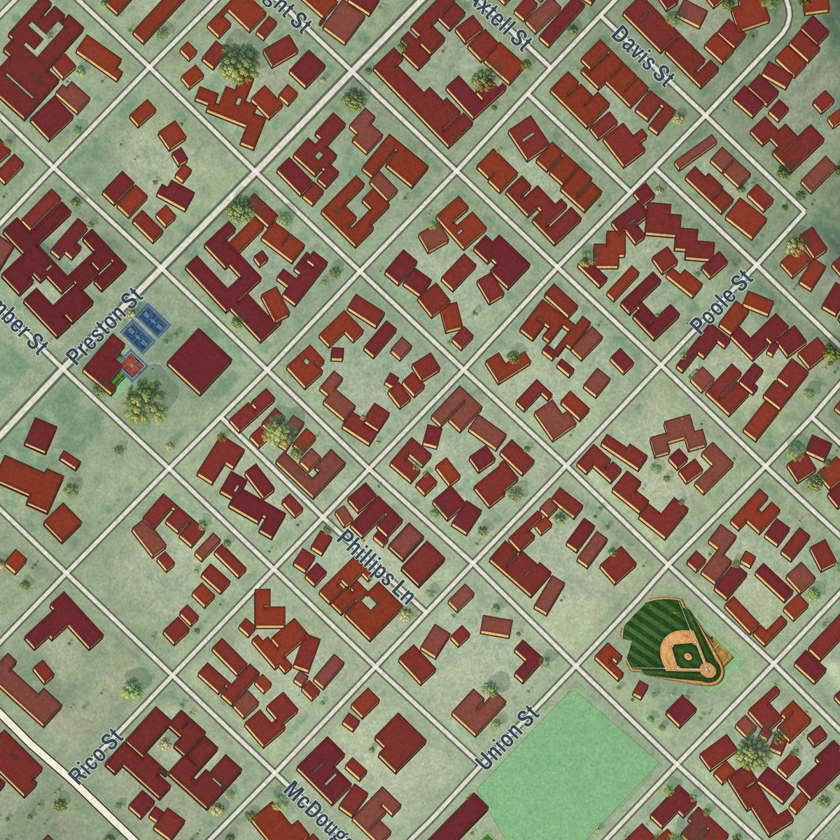 Close-up of the map of Castroville, California print showing street and building detail