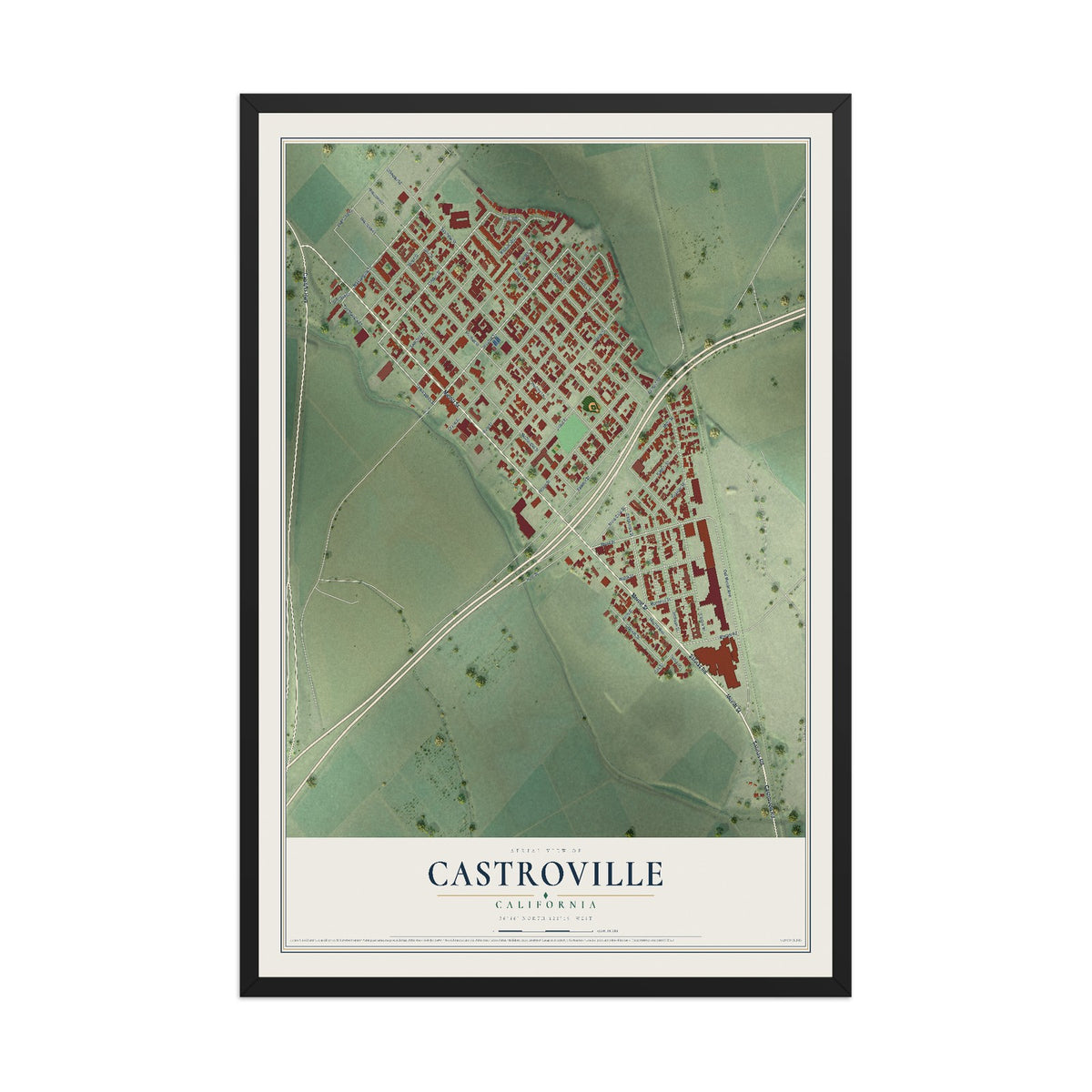 Map of Castroville, California, 12 x 18 inch print in a black wood frame