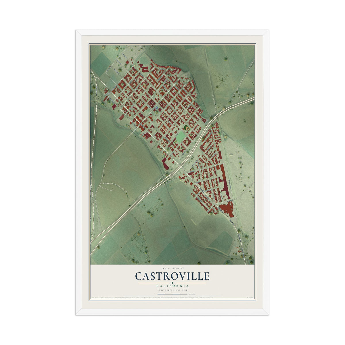 Map of Castroville, California, 12 x 18 inch print in a white wood frame