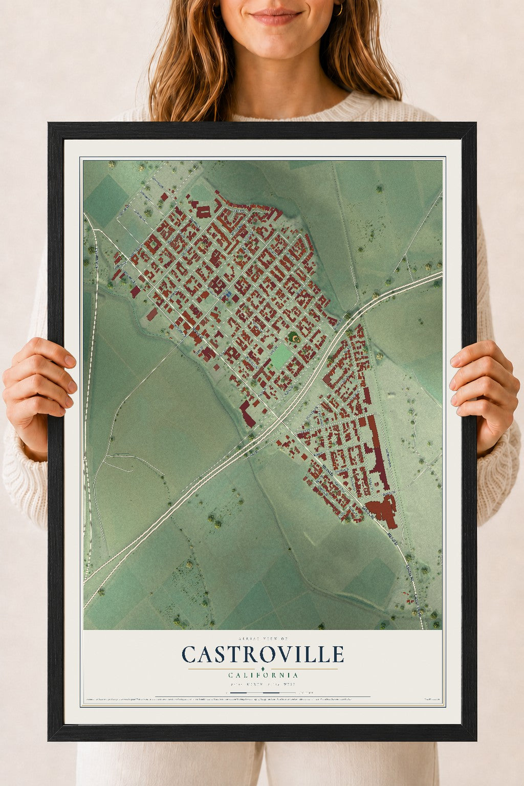 Map of Castroville, California, 18 x 24 inch print in a black wood frame