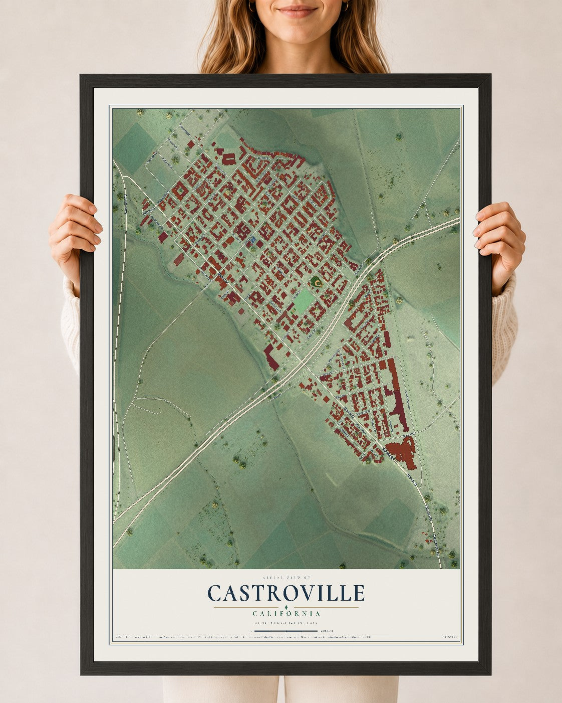 Map of Castroville, California, 24 x 36 inch print in a black wood frame